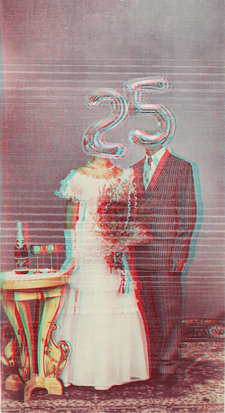 Cartel de la 25ª edición: pareja de novios con globos con forma del número 25, en anaglifo