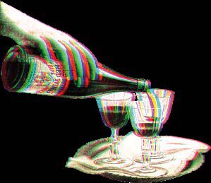 Fotograma en anaglifo: una botella sirve vino en un festín